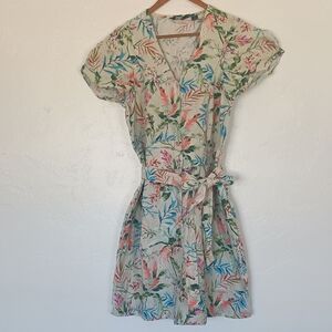 Lands' End Multicolor Floral Linen Shirt Dress